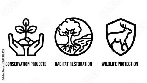 Environmental conservation and wildlife protection icons featuring habitat restoration and nature projects conservation environment wildlife protection restoration biodiversity friendly