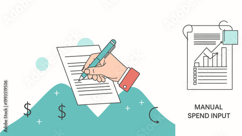 Illustration of a hand manually recording financial data and spending on a document with a business chart document accounting business tracking financial analysis bookkeeping personal