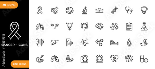 Cancer line icon set. Collection of high-quality line icons of cancer, awareness, ribbon, human organs, healthcare, diagnostic tools, laboratory equipment, hospital care and patient support.