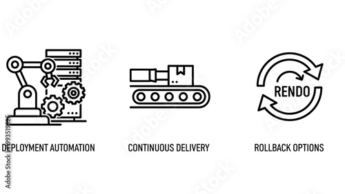 Modern technology icons illustrating deployment automation continuous delivery and rollback options for software development workflows with technology deployment automation continuous delivery