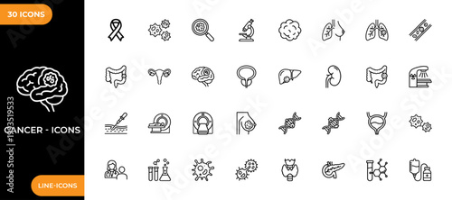 Cancer line icon set. Collection of high-quality line icons of diseases such as malignant tumors, oncology, chemotherapy and metastasis. Vector illustration.