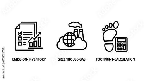 Environmental impact icons set for emission inventory greenhouse gas monitoring and carbon footprint calculation with environment emission inventory greenhouse footprint calculation industry