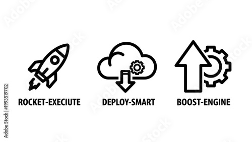 Rocket launch execution and cloud deployment performance icons with rocket ship cloud computing business growth performance boost launch process tech growth software deployment innovation strat