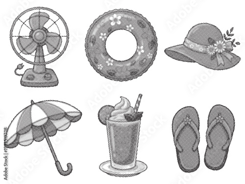 Summer vacation items with halftone effect isolated on transparent background