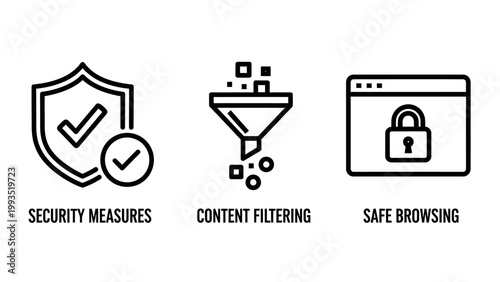 Internet security content filtering safe browsing line icons for online protection and digital privacy with parental control privacy policy white background line art checkmark measures computer