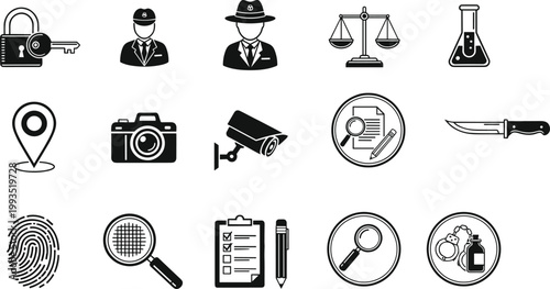 Investigation and detective icon set featuring security surveillance evidence analysis crime scene tools and forensic symbols vector illustration