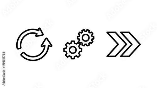 Refresh settings forward line icons set for digital interface elements with white background black and white line art settings management continue technology interface illustration collection