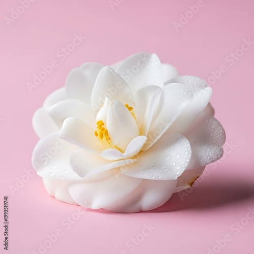 Pristine white bloom rests against a soft pink background with glistening moisture