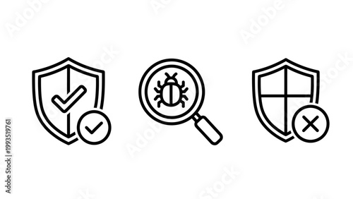 Security check bug detection threat denial line icons for digital protection and system integrity with magnifying glass x mark white background line art checkmark vulnerability protection