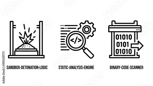 Cybersecurity threat detection and code analysis line icons set for software security and development with binary code magnifying glass white background line art cybersecurity explosion security
