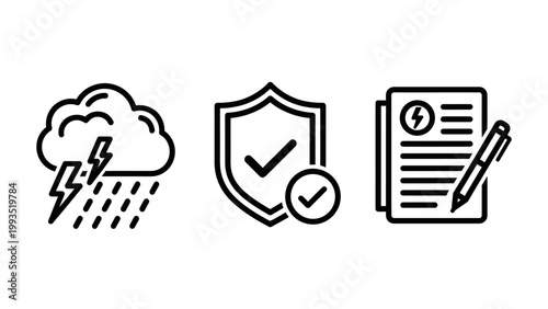 Weather insurance and protection line icons showing storm cloud with lightning security shield with checkmark legal document with electrical energy symbol and pen insurance protection