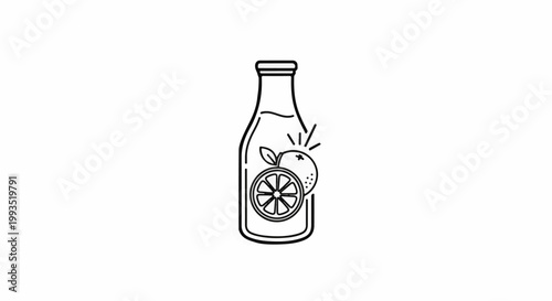 Bottle with fresh oranges and a slice of orange