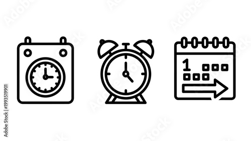 Time management and scheduling line icon set featuring clock and calendar symbols calendar schedule management deadline planning appointment duration business organized productivity