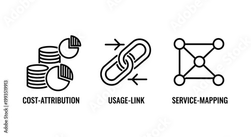 Set of business icons representing cost attribution usage links and service mapping architecture with attribution business connection analysis architecture accounting relationship structure