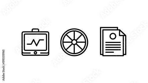 Set of technical monitoring and document icons featuring ekg screen wheel and official report file monitoring technical document analysis diagnostic information measurement dashboard abstract