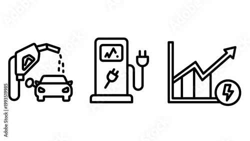 Conceptual line art icons for energy evolution featuring fuel pump charging station and growth chart charging electric electricity evolution business development technology innovation