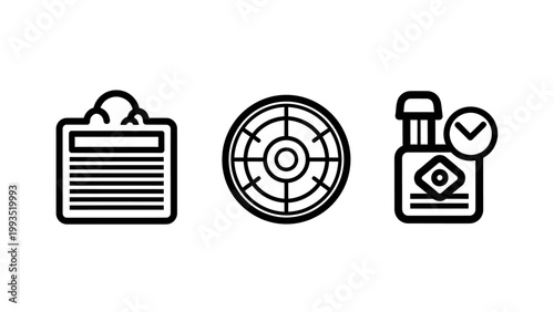 Set of three outline icons representing data management and analysis with clipboard analysis statistics calendar management business graphics information document planning technology