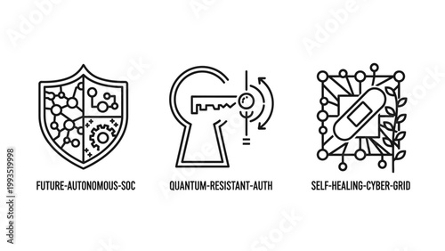 Cybersecurity protection icons depicting future autonomous soc quantum resistant key and self healing cyber grid with cybersecurity security protection autonomous technology innovation computer