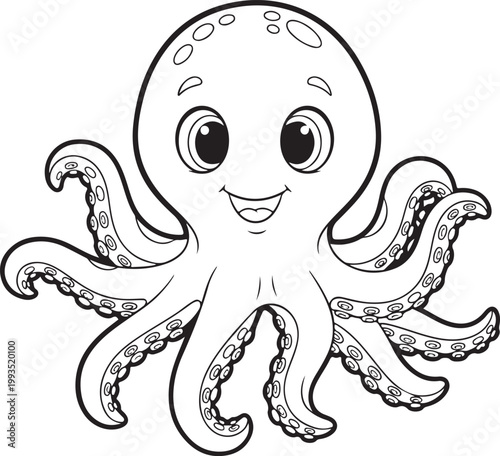 Cute Cartoon Octopus – Smiling Sea Creature Black and White Vector Illustration. Cartoon octopus illustration with large eyes,