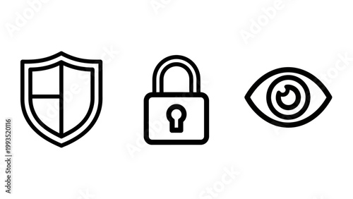 Security and surveillance concept icons featuring protection shield padlock and human eye symbol security surveillance protection monitoring information identifying identity authentication