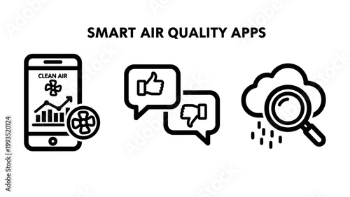 Smart air quality monitoring icons set showing mobile app performance feedback and cloud analytics with monitoring application analytics feedback smartphone technology improvement environmental
