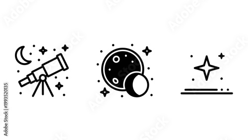 Astronomy icons set featuring telescope lunar phases and shining stars in night sky astronomy telescope celestial observation universe exploration starlight astrophysics research instrument