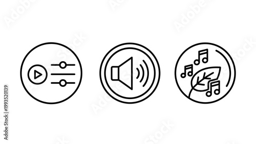 Audio settings icons set including playback control sound volume and nature music themes with settings playback adjustment equalizer audiobook acoustic soundtrack streaming listening