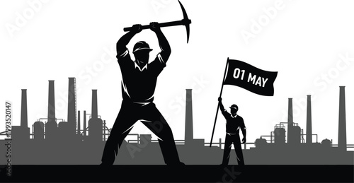 Worker with pickaxe and flag stands before industrial cityscape