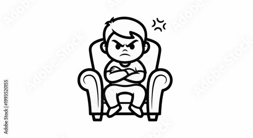 Cartoon boy sits in chair with arms crossed, looking angry