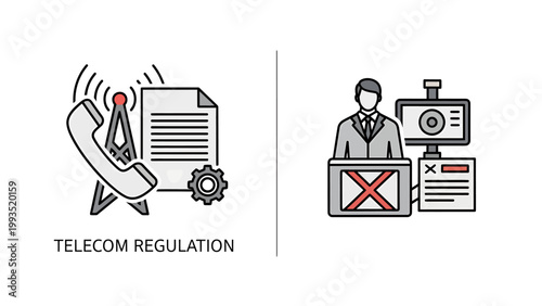 Telecommunication regulation and network compliance security icons with regulation compliance communication security business government management monitoring broadcast wireless standard