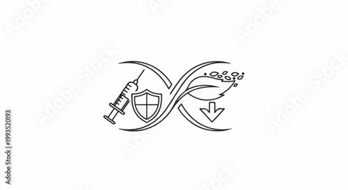 Medical innovation, natural protection, and progress represented by syringe, shield, leaf, and arrow