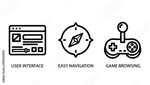 User interface easy navigation and game browsing icon set for digital software development with interface navigation browsing software development controller joystick application isolated