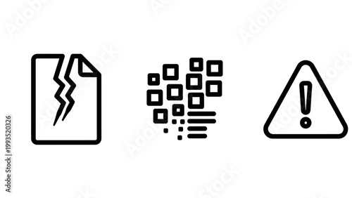 Broken document file data loss and security alert warning sign icons with document security corruption information vulnerability protection computer internet software critical notification