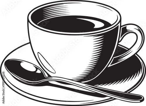 Coffee Cup with Saucer and Spoon – Black and White Hand Drawn Vector Illustration.