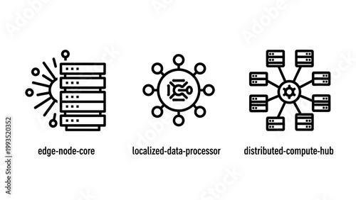 Set of network architecture and data infrastructure line icons depicting edge and distributed computing nodes with computing infrastructure distributed technology processor connectivity internet