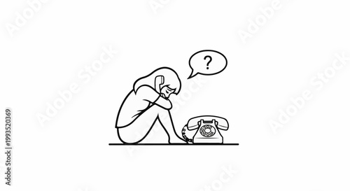 Depressed person with rotary phone and question mark in speech bubble