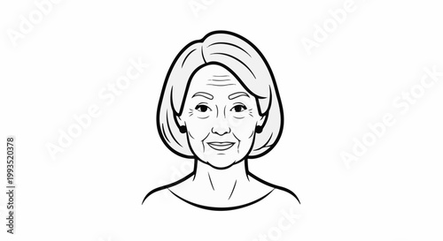Stylized black and white portrait of a smiling elderly woman with short hair