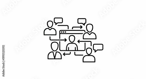Diagram of people communicating via a web interface with speech bubbles