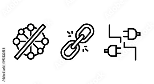 Set of abstract line art icons representing disconnected network broken chain link and power plug disconnection connection disconnected interface technology abstract illustration business