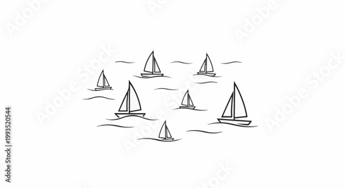 Group of sailboats on wavy water, simple illustration