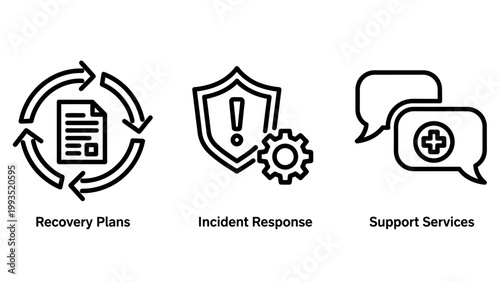 Business operations icons for recovery plans incident response support services with business recovery incident response services security protection management emergency technical document