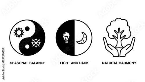 Set of abstract conceptual symbols for seasonal balance light dark and natural harmony with nature inspired seasonal snowflake crescent environmental contrast dichotomy metaphor protection