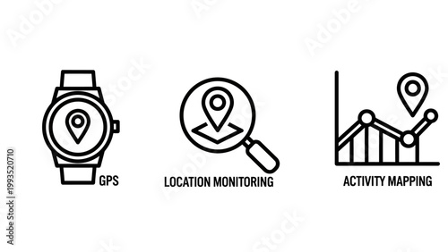 Gps location tracking and activity mapping linear icons with location tracking navigation position monitoring activity smartwatch coordinates magnifying analysis direction destination