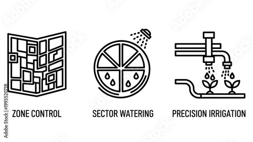 Smart irrigation and precision agriculture watering icons with irrigation agriculture watering precision sprinkler gardening technology automation efficiency hydraulics cultivation planning