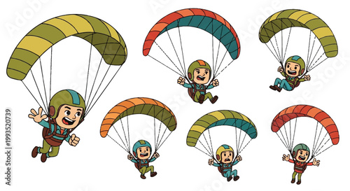 Cartoon parachutists flying with colorful parachutes illustration