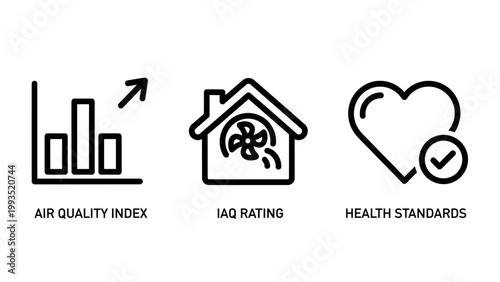 Air quality index and environmental health monitoring icons with standard environment pollution monitoring ventilation atmosphere measurement wellness purification protection breathing