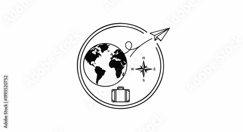 Simple black and white outline of globe, suitcase, compass, and paper airplane