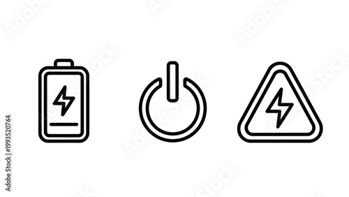 Electrical power icons set featuring battery charge and high voltage alert lightning electricity interface minimalist industrial technology cautious indicator capacity management electronic