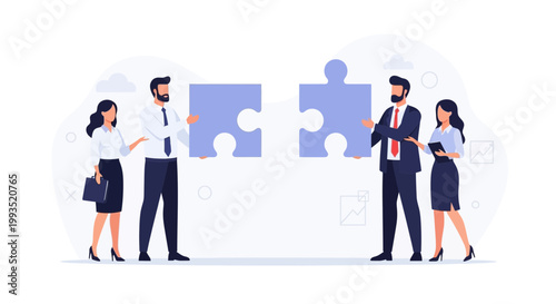 Business team assembling puzzle pieces, teamwork, strategy, partnership, collaboration concept