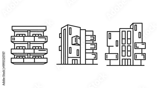 Modern residential apartment building architecture icons in linear style with building apartment residential architecture exterior structure minimalist construction property development